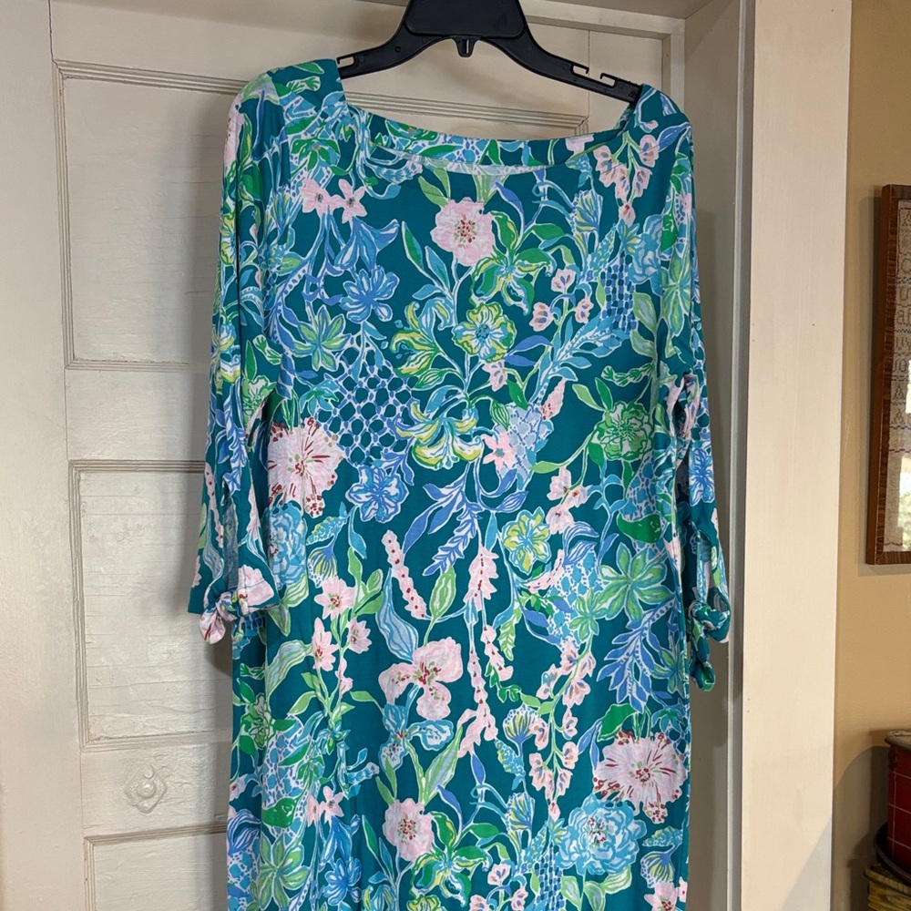 Lilly Pulitzer Teal Floral Shift Dress with Pink and Blue Accents